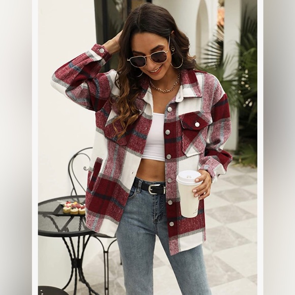 NWT Plaid Shacket Burgundy XS - Picture 2 of 5